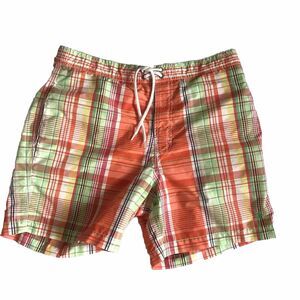 Vintage 90s Polo Ralph Lauren Swim Trunks Men M 32 Orange Plaid Pocket Net Liner